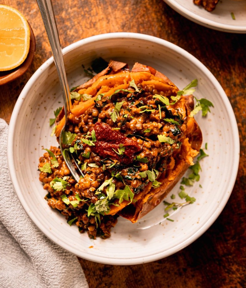 Harissa Coconut Lentils with Kale & Roasted Sweet Potatoes
